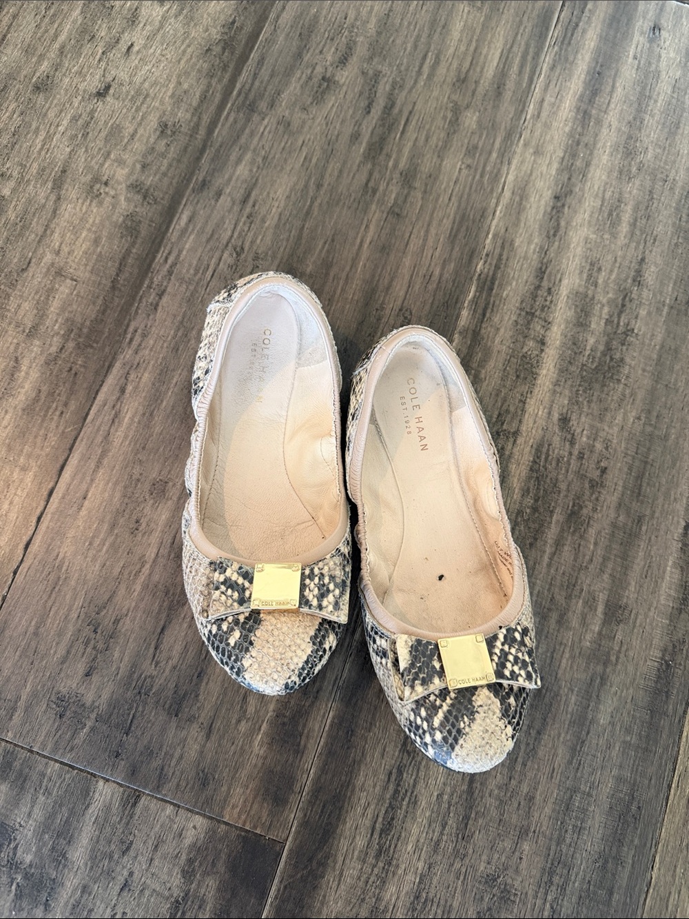 Cole Haan Snakeskin-Patterned Ballet Flats with Gold Bow